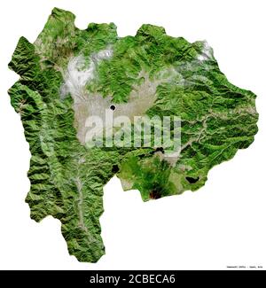 Forma di Yamanashi, prefettura del Giappone, con la sua capitale isolata su sfondo bianco. Immagini satellitari. Rendering 3D Foto Stock