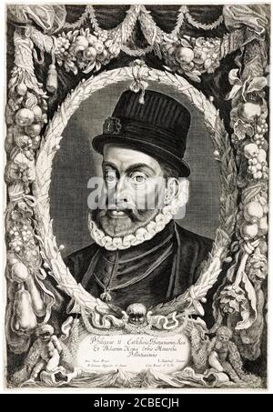 Filippo II (1527-1598), Re di Spagna, incisione ritratto di Jonas Suyderhoef, 1644 Foto Stock