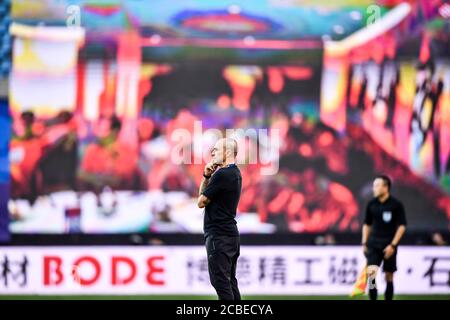 Il direttore del club cinese Guangzhou Evergrande Taobao Fabio Cannavaro reagisce durante la quarta partita del 2020 Chinese Super League (CSL) contro Shandong Luneng Taishan F.C., città di Dalian, provincia di Liaoning della Cina nord-orientale, 9 agosto 2020. Guangzhou Evergrande Taobao F.C. è stato sconfitto da Shandong Luneng Taishan con 0-1. Foto Stock