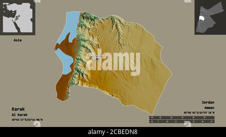 Forma di Karak, provincia di Giordania, e la sua capitale. Scala della distanza, anteprime ed etichette. Mappa di rilievo topografico. Rendering 3D Foto Stock