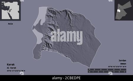 Forma di Karak, provincia di Giordania, e la sua capitale. Scala della distanza, anteprime ed etichette. Mappa di elevazione colorata. Rendering 3D Foto Stock