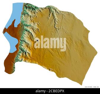 Forma di Karak, provincia della Giordania, con la sua capitale isolata su sfondo bianco. Mappa di rilievo topografico. Rendering 3D Foto Stock