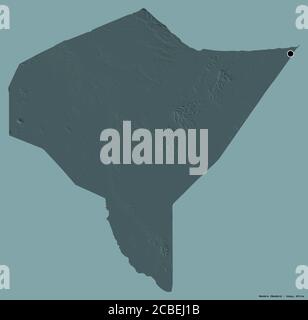 Forma di Mandera, contea del Kenya, con la sua capitale isolata su uno sfondo di colore pieno. Mappa di elevazione colorata. Rendering 3D Foto Stock