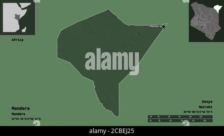 Forma di Mandera, contea del Kenya, e la sua capitale. Scala della distanza, anteprime ed etichette. Mappa di elevazione colorata. Rendering 3D Foto Stock