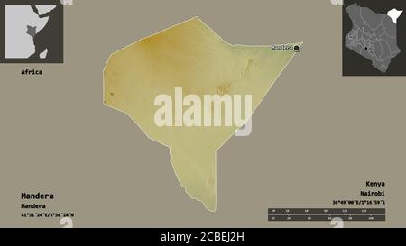 Forma di Mandera, contea del Kenya, e la sua capitale. Scala della distanza, anteprime ed etichette. Mappa di rilievo topografico. Rendering 3D Foto Stock