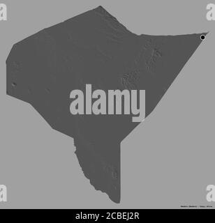 Forma di Mandera, contea del Kenya, con la sua capitale isolata su uno sfondo di colore pieno. Mappa elevazione bilivello. Rendering 3D Foto Stock