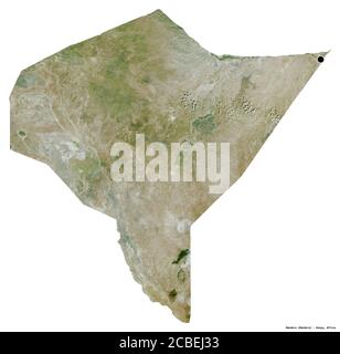Forma di Mandera, contea del Kenya, con la sua capitale isolata su sfondo bianco. Immagini satellitari. Rendering 3D Foto Stock