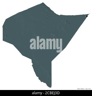 Forma di Mandera, contea del Kenya, con la sua capitale isolata su sfondo bianco. Mappa di elevazione colorata. Rendering 3D Foto Stock