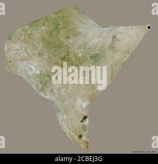 Forma di Mandera, contea del Kenya, con la sua capitale isolata su uno sfondo di colore pieno. Immagini satellitari. Rendering 3D Foto Stock