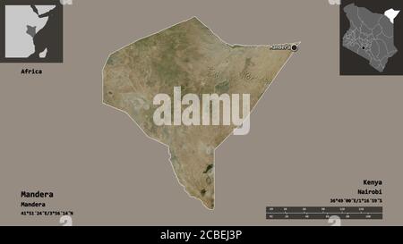Forma di Mandera, contea del Kenya, e la sua capitale. Scala della distanza, anteprime ed etichette. Immagini satellitari. Rendering 3D Foto Stock