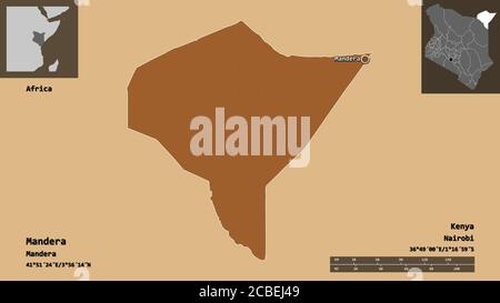 Forma di Mandera, contea del Kenya, e la sua capitale. Scala della distanza, anteprime ed etichette. Composizione di texture con motivi. Rendering 3D Foto Stock