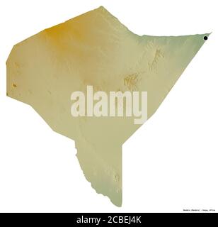 Forma di Mandera, contea del Kenya, con la sua capitale isolata su sfondo bianco. Mappa di rilievo topografico. Rendering 3D Foto Stock