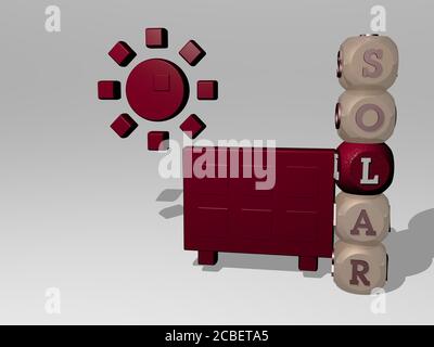 Icona 3D solare accanto al testo verticale delle singole lettere - illustrazione 3D per l'energia e lo sfondo Foto Stock