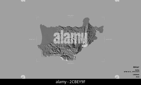 Area di Akkar, governatorato del Libano, isolata su uno sfondo solido in una scatola di delimitazione georeferenziata. Etichette. Mappa elevazione bilivello. Rendering 3D Foto Stock