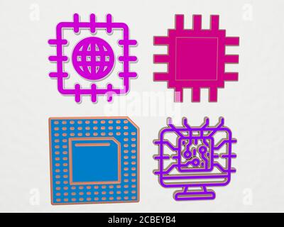 Set di icone del processore 4 - illustrazione 3D per il computer e. chip Foto Stock