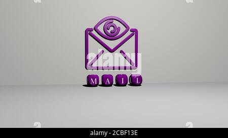 MAIL 3D icona sulla parete e testo di cubico Alfabeti sul pavimento - illustrazione 3D per la lettera e. busta Foto Stock