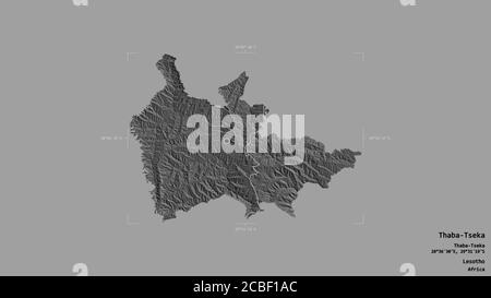 Area di Thaba-Tseka, distretto del Lesotho, isolato su uno sfondo solido in una scatola di delimitazione georeferenziata. Etichette. Mappa elevazione bilivello. Rendering 3D Foto Stock