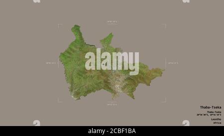 Area di Thaba-Tseka, distretto del Lesotho, isolato su uno sfondo solido in una scatola di delimitazione georeferenziata. Etichette. Immagini satellitari. Rendering 3D Foto Stock
