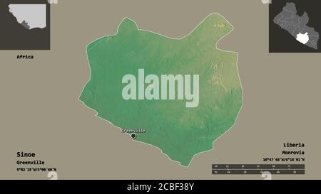 Forma di Sinoe, contea della Liberia, e la sua capitale. Scala della distanza, anteprime ed etichette. Mappa di rilievo topografico. Rendering 3D Foto Stock