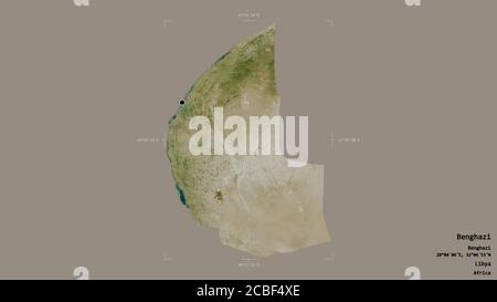 Area di Bengasi, distretto della Libia, isolata su uno sfondo solido in una scatola di delimitazione georeferenziata. Etichette. Immagini satellitari. Rendering 3D Foto Stock