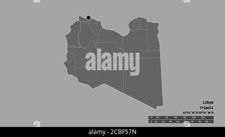 Forma desaturata della Libia con la sua capitale, la principale divisione regionale e l'area separata di Nalut. Etichette. Mappa elevazione bilivello. Rendering 3D Foto Stock