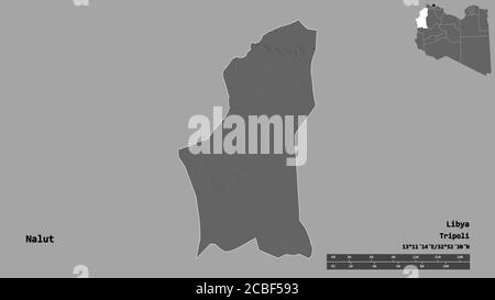 Forma di Nalut, distretto della Libia, con la sua capitale isolata su solido sfondo. Scala della distanza, anteprima della regione ed etichette. Mappa elevazione bilivello. 3D Foto Stock