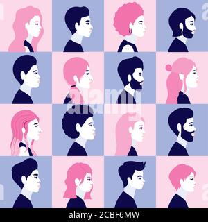 Diversità donne e uomini cartoni animati silhouette in vista laterale in blu e rosa cornici sfondo design, persone multietnica razza e tema comunità illustrazione vettoriale Illustrazione Vettoriale