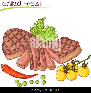 Illustrazione vettoriale della carne alla griglia isolata su sfondo bianco. Icona del cibo. Design per libri di cucina, attività di ristorazione. Serie di cibi, bevande e ingredienti per cucinare. Illustrazione Vettoriale