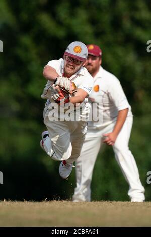 Portiere wicket che cattura la palla. Foto Stock