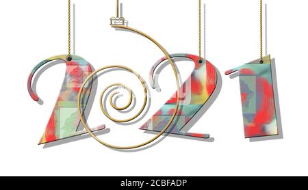 Visualizzazione dei numeri di 2021 nuovi anni con colore rosso verde sfumato su sfondo bianco. Spazio di copia. Illustrazione 3D Foto Stock