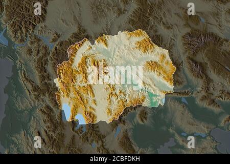 Forma della Macedonia separata dalla desaturazione delle zone limitrofe. Bordi. Mappa di rilievo topografico. Rendering 3D Foto Stock