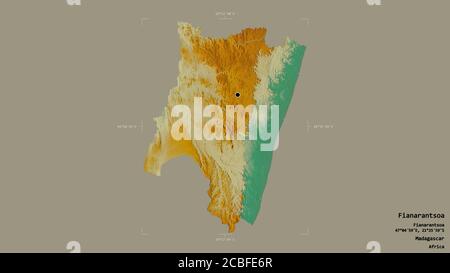 Zona di Fianarantsoa, provincia autonoma del Madagascar, isolata su solido sfondo in una scatola di delimitazione georeferenziata. Etichette. Scarico topografico ma Foto Stock