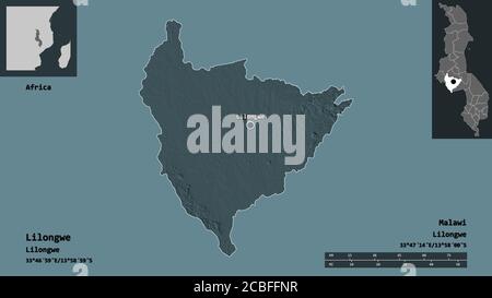 Forma di Lilongwe, distretto di Malawi, e la sua capitale. Scala della distanza, anteprime ed etichette. Mappa di elevazione colorata. Rendering 3D Foto Stock