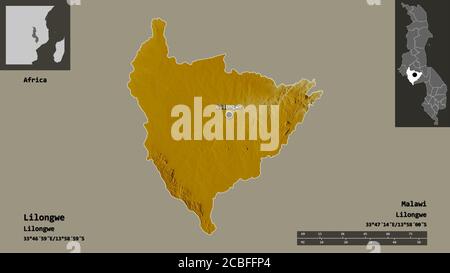 Forma di Lilongwe, distretto di Malawi, e la sua capitale. Scala della distanza, anteprime ed etichette. Mappa di rilievo topografico. Rendering 3D Foto Stock