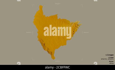 Zona di Lilongwe, distretto di Malawi, isolato su uno sfondo solido in una scatola di delimitazione georeferenziata. Etichette. Mappa di rilievo topografico. Rendering 3D Foto Stock