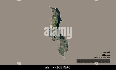 Forma desaturata del Malawi con la sua capitale, la principale divisione regionale e l'area separata di Mzimba. Etichette. Immagini satellitari. Rendering 3D Foto Stock