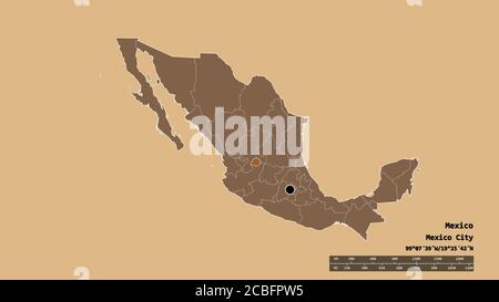 Forma desaturata del Messico con la sua capitale, la principale divisione regionale e la separata Aguascalientes area. Etichette. Composizione di regolarmente modellato Foto Stock