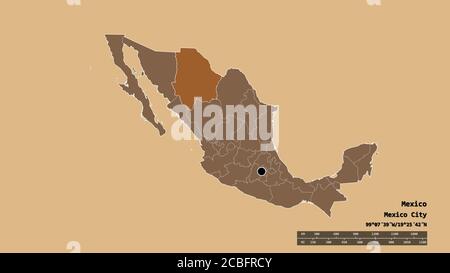 Forma desaturata del Messico con la sua capitale, la principale divisione regionale e la separata area del Chihuahua. Etichette. Composizione di testo regolarmente modellato Foto Stock