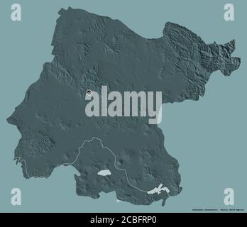Forma di Guanajuato, stato del Messico, con la sua capitale isolata su uno sfondo di colore pieno. Mappa di elevazione colorata. Rendering 3D Foto Stock