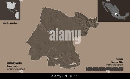 Forma di Guanajuato, stato del Messico, e la sua capitale. Scala della distanza, anteprime ed etichette. Mappa di elevazione colorata. Rendering 3D Foto Stock