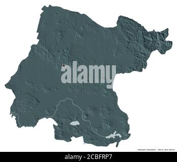 Forma di Guanajuato, stato del Messico, con la sua capitale isolata su sfondo bianco. Mappa di elevazione colorata. Rendering 3D Foto Stock
