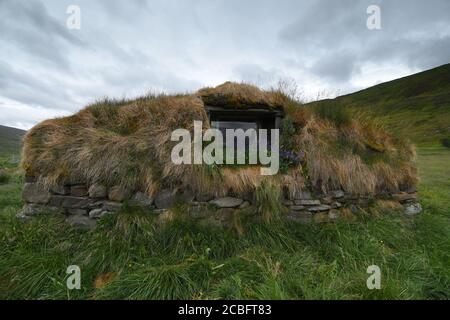 Casa di erba di Hjarðarhagi fattoria. Islanda orientale Foto Stock