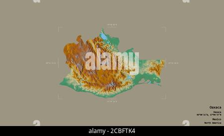 Area di Oaxaca, stato del Messico, isolata su uno sfondo solido in un rettangolo di selezione georeferenziato. Etichette. Mappa di rilievo topografico. Rendering 3D Foto Stock