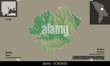 Forma di Orhei, distretto della Moldavia, e la sua capitale. Scala della distanza, anteprime ed etichette. Mappa di rilievo topografico. Rendering 3D Foto Stock