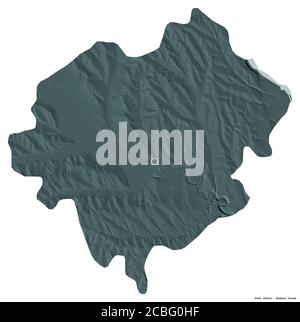 Forma di Orhei, distretto della Moldavia, con la sua capitale isolata su sfondo bianco. Mappa di elevazione colorata. Rendering 3D Foto Stock