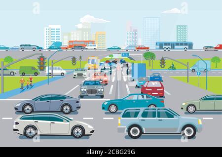 Traffico stradale con ingorgo all'incrocio, illustrazione Illustrazione Vettoriale