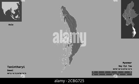 Forma di Tanintharyi, divisione del Myanmar, e la sua capitale. Scala della distanza, anteprime ed etichette. Mappa elevazione bilivello. Rendering 3D Foto Stock