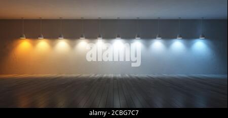 Immagine di rendering 3D di 10 lampade a sospensione che utilizzano lampadine diverse. Scala temperatura colore. Spettro colore sulla parete di cemento fessurato Foto Stock