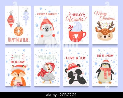 Carino animali carte di natale. Vector natale vacanza invernale Illustrazione Vettoriale