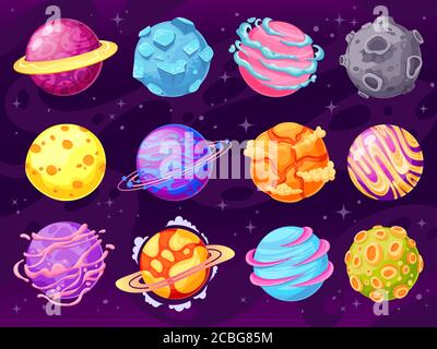 Fantasy pianeti. Colorful cosmic planet objects for game design fantastico mondo galassico, spazio astronomico universo cartoon insieme vettoriale Illustrazione Vettoriale